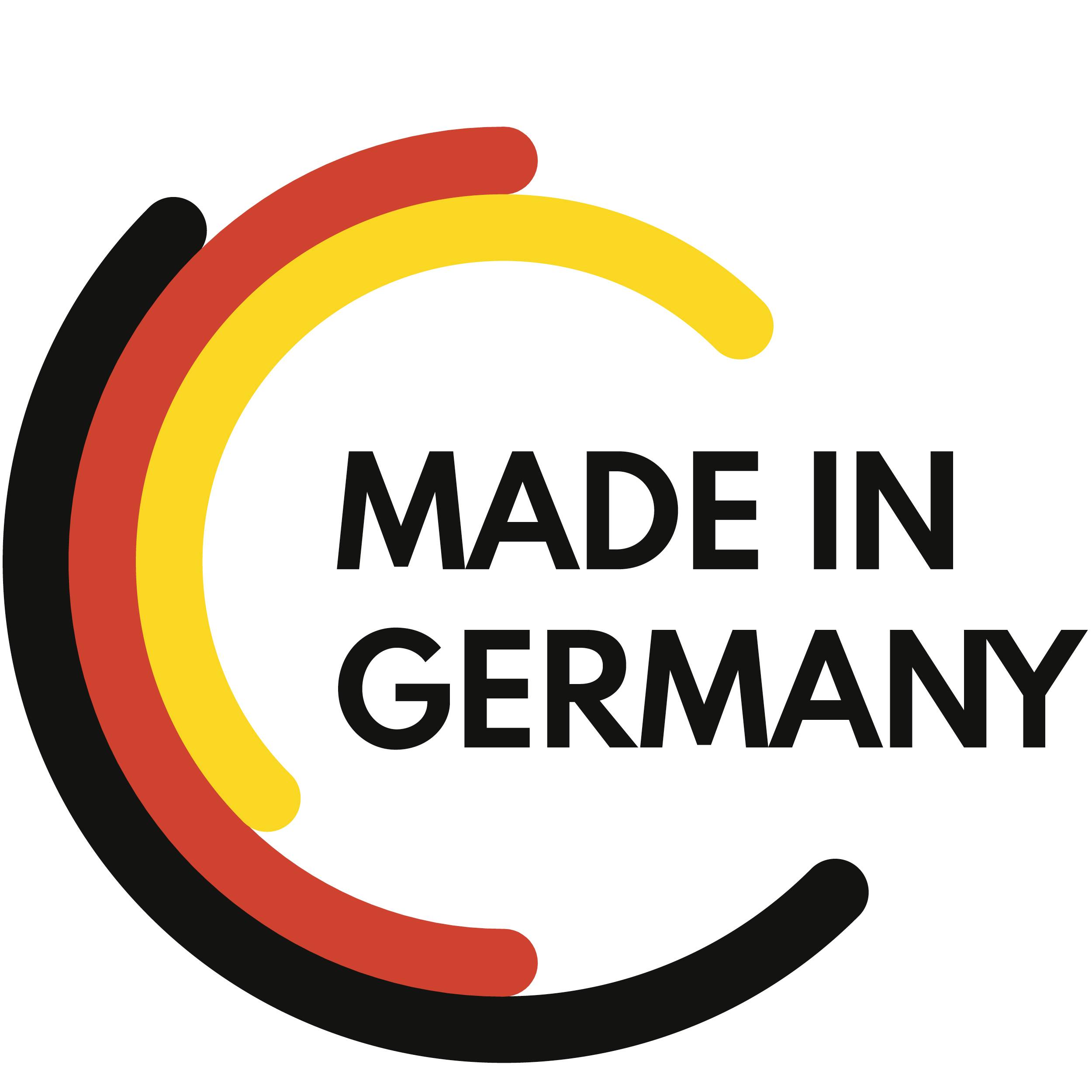 Kreisförmiges Logo mit den Farben Schwarz, Rot, Gelb und dem Text 'Made in Germany' in der Mitte.