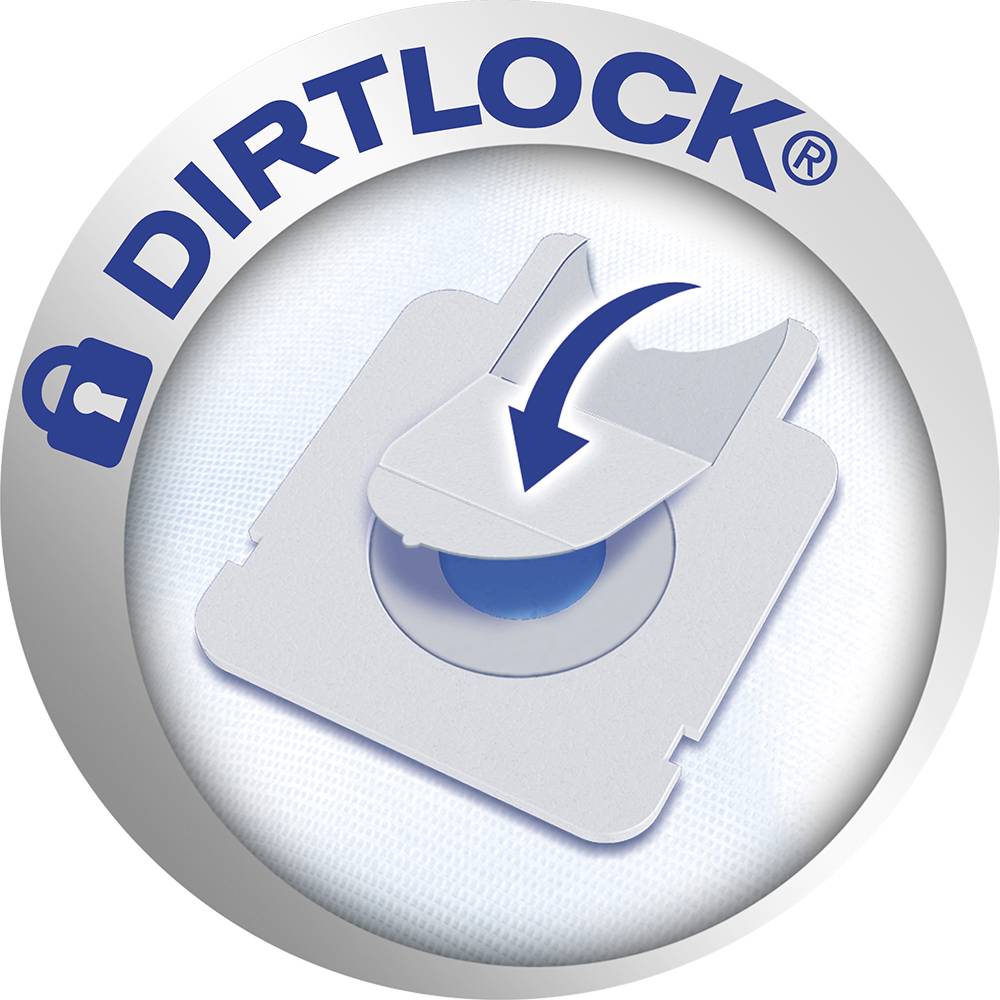 'Dirtlock'-Logo, Symbol eines Staubsaugerbeutels mit verschlossenem Verschlussmechanismus.