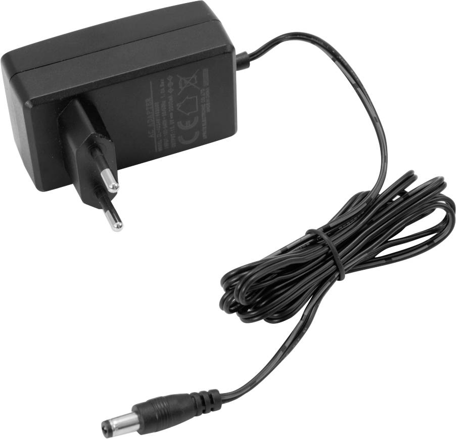 Ein schwarzes Netzteil mit EU-Stecker und langem Kabel. Das Kabel endet in einem runden Gleichstromanschluss.