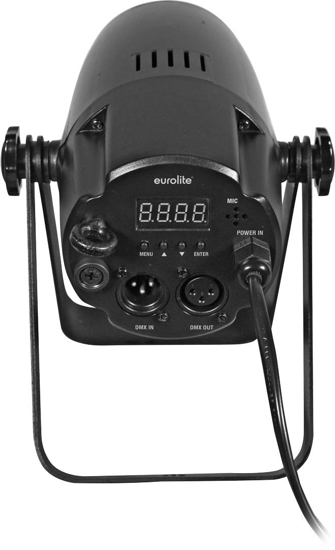 Ein schwarzer Scheinwerfer mit Digitalanzeige und Anschlüssen an der Vorderseite. Markenname 'eurolite' über dem Display.