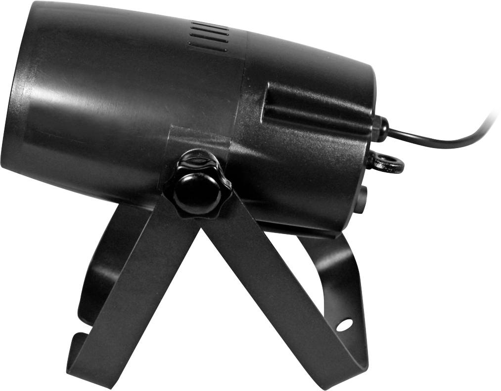 Ein schwarzer Scheinwerfer auf einem Stativ zeigt zur Seite. Ein Kabel ragt aus der Rückseite, vermutlich zur Stromversorgung.