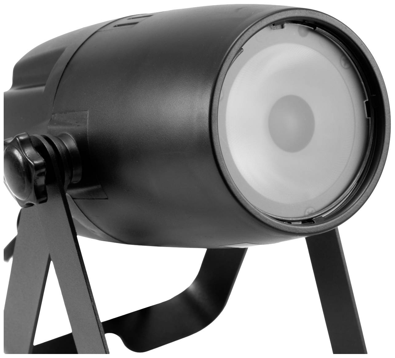 Schwarz-weißer Strahler mit gebogenem Ständer in Seitenansicht, Lichtquelle nach rechts zeigend.