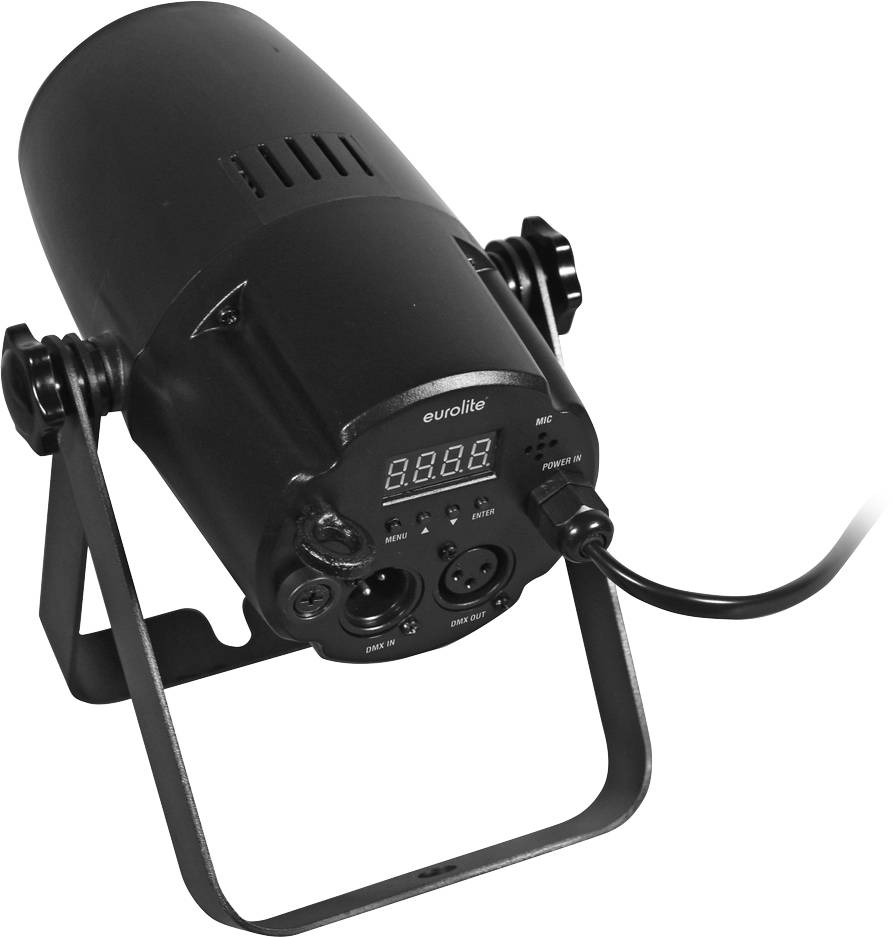 Schwarzer Bühnenstrahler auf Ständer, zeigt Verbindungskabel und Steuerungsdisplay mit digitaler Anzeige.