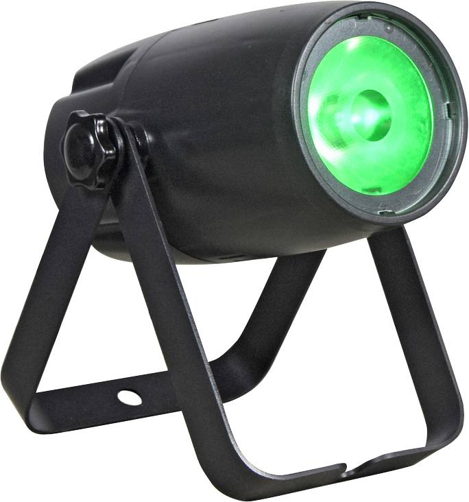 Eine schwarze LED-Bühnenleuchte mit grünem Licht, auf einem verstellbaren Ständer montiert, für Eventbeleuchtung.