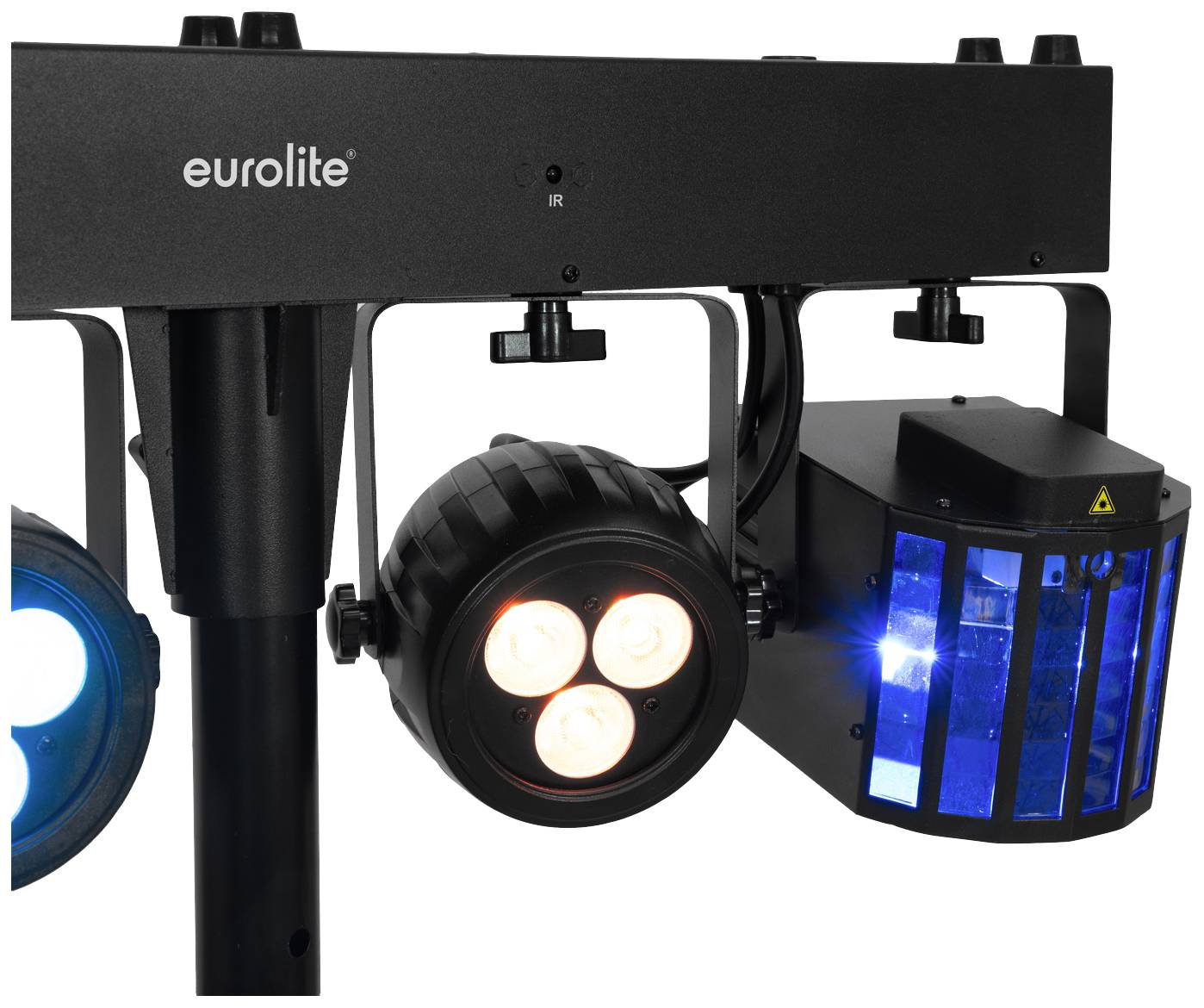 'Eurolite'-Beleuchtungssystem mit verschiedenen LED-Leuchten und Effekten, geeignet für Bühnen oder Veranstaltungen.