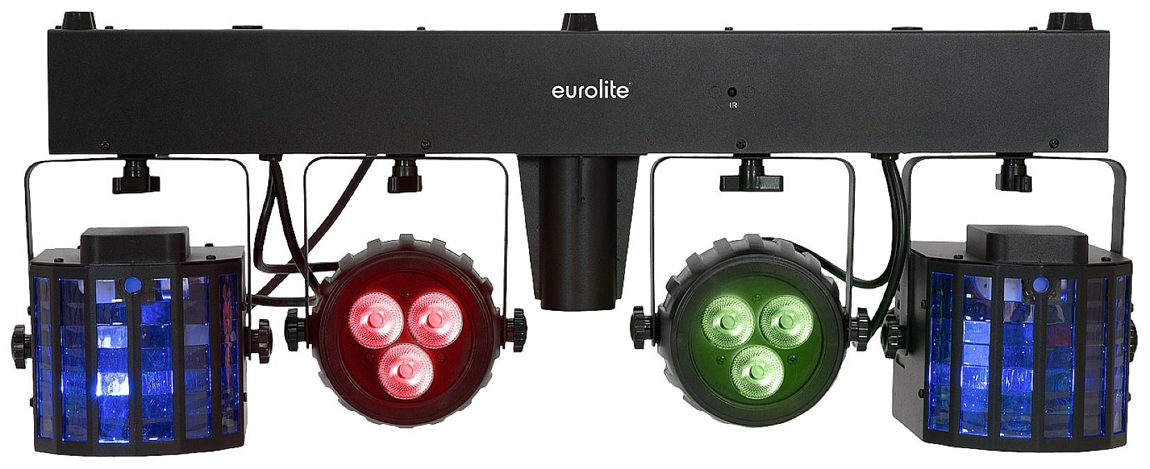 Eine Lichtanlage mit blauem, rotem und grünem LED-Lichtmodul, die für Bühnenbeleuchtung oder Partys verwendet wird.