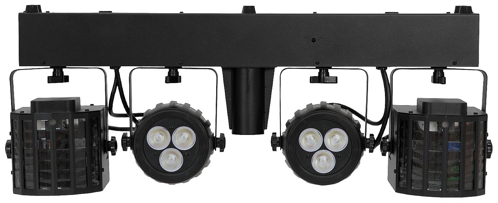 'Ein schwarzes Lichtsystem mit vier LED-Leuchten, zwei mit Lüftungsgittern und zwei mit kreisförmigen Linsen, zur Bühnenbeleuchtung.'