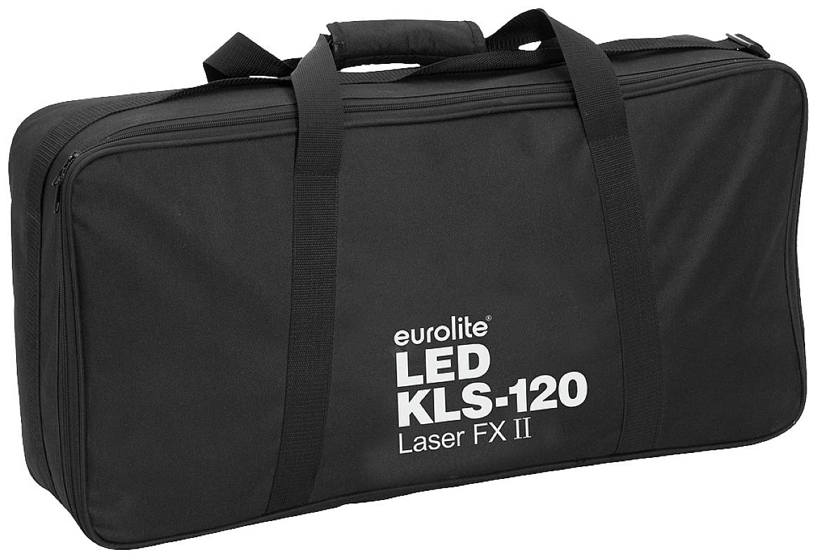 Schwarze Tragetasche mit weißem Aufdruck 'eurolite LED KLS-120 Laser FX II', geeignet zum Transport von Lichtausrüstung.