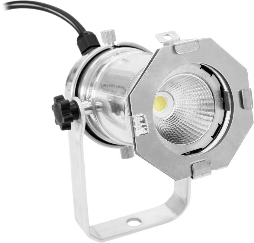 Ein silberner LED-Strahler mit verstellbarem Standfuß und Stromkabel, geeignet für Bühnenbeleuchtung oder Präsentationen.