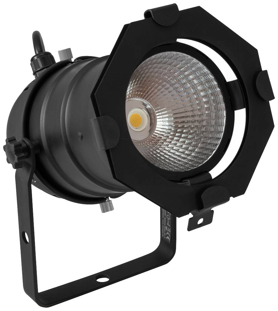 Schwarzer LED-Scheinwerfer mit Halterung, zeigt reflektierende Linse und zentralen LED-Chip. Geeignet für Bühnen- und Eventbeleuchtung.