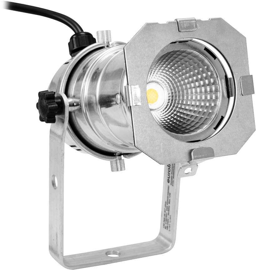 Metallischer LED-Strahler mit verstellbarer Halterung und schwarzem Netzkabel.
