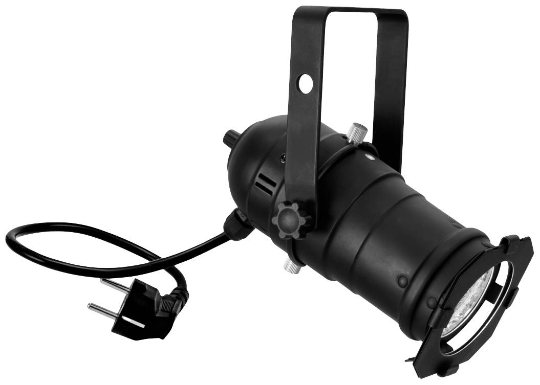 Schwarzer Bühnenstrahler mit Kabel und Stecker. Der Strahler hat einen verstellbaren Bügel zur Befestigung.