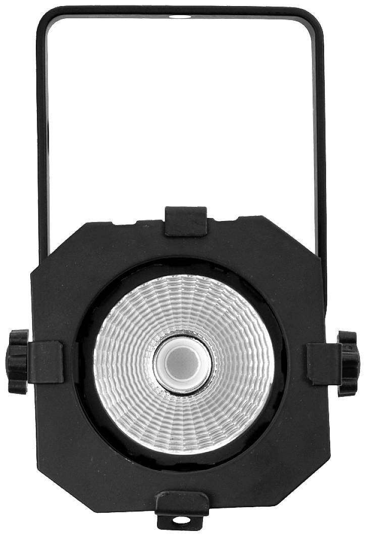 Schwarzer LED-Strahler mit rechteckigem Gehäuse und runder Linse, ideal für Bühneneffekte oder Eventbeleuchtung.