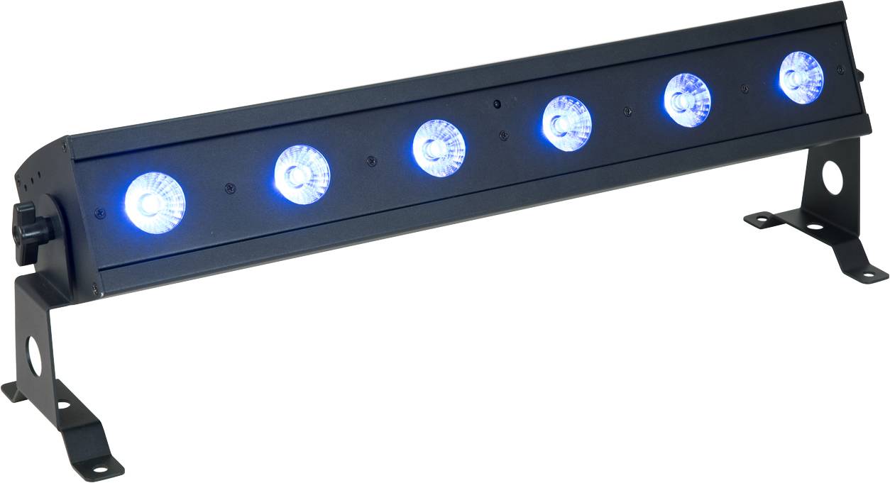 Ein schwarzer Lichtbalken mit sechs leuchtenden blauen LEDs, montiert auf einem verstellbaren Stativ, zur Bühnenbeleuchtung.