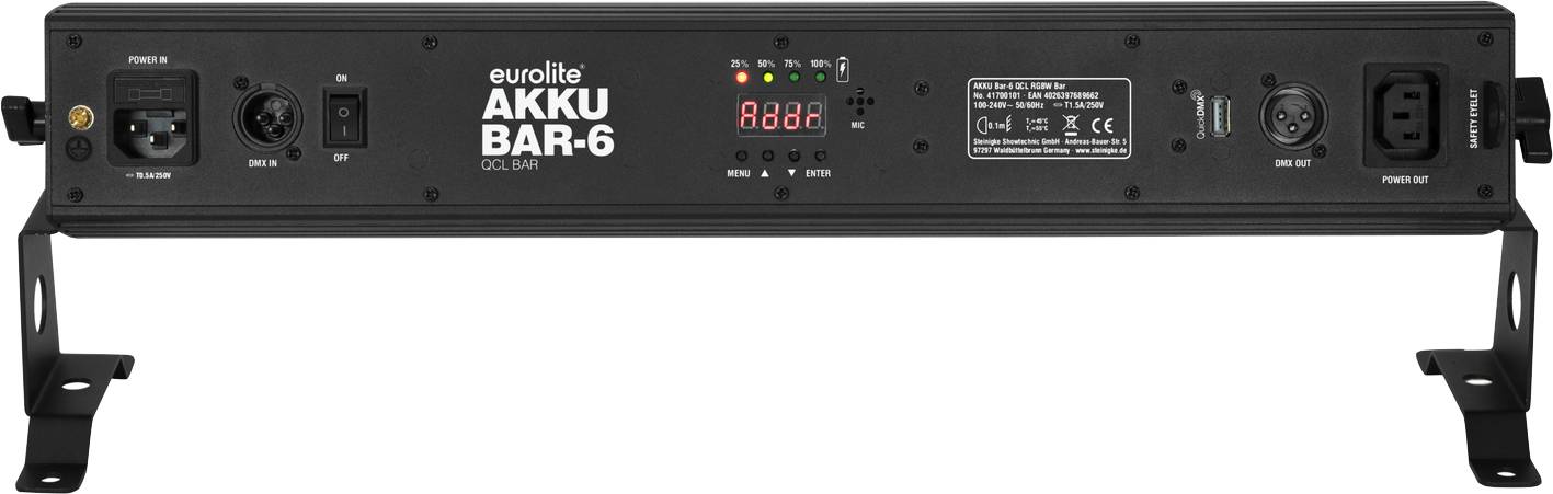 Rückseite einer schwarzen eurolite AKKU BAR-6 Leuchte mit Anschlüssen und Kontrollleuchten für Lichtsteuerung und Stromversorgung.