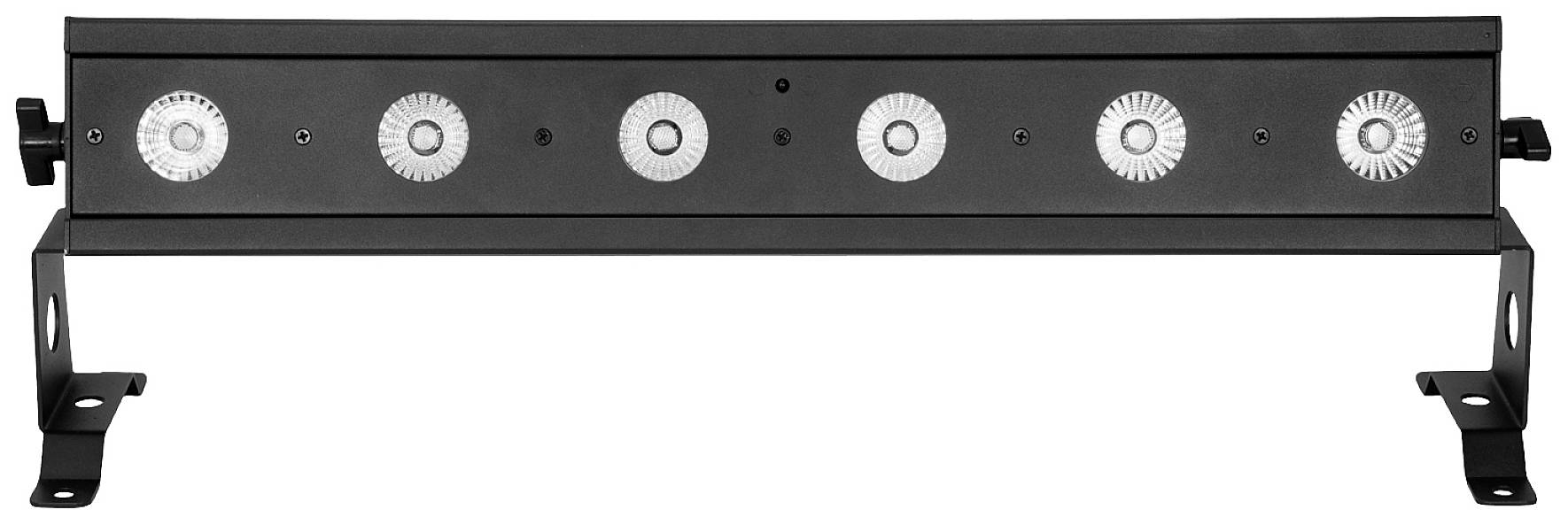 Ein länglicher schwarzer LED-Lichtbalken mit sechs runden Linsen auf stabilem Standfuß, geeignet zur Beleuchtung.