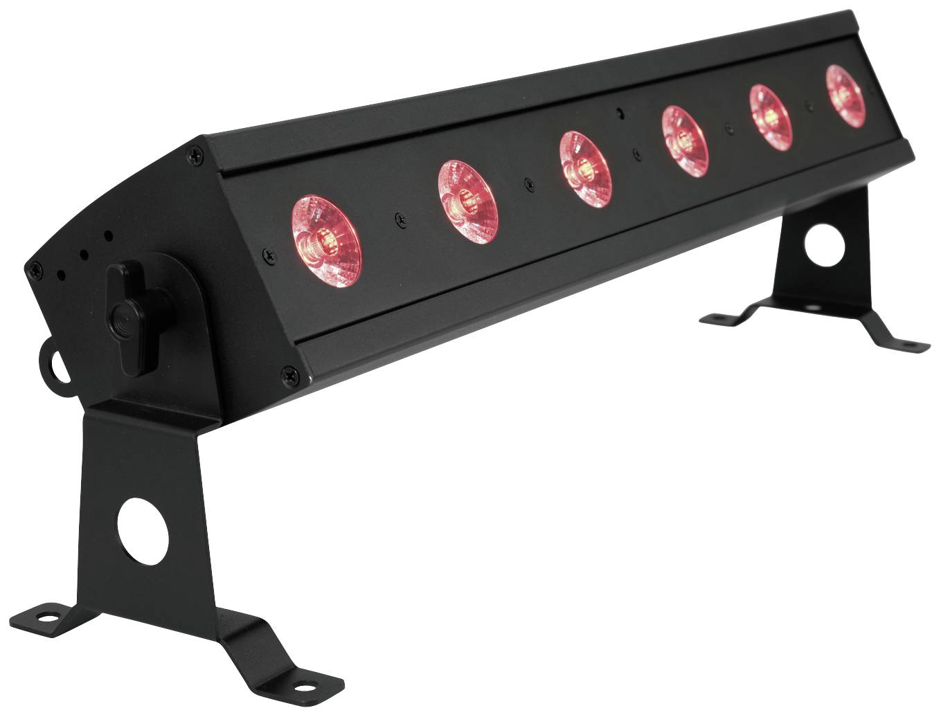 Schwarze LED-Leiste mit sechs roten Lichtern, montiert auf zwei Ständern, geeignet für Bühnen- oder Raumbeleuchtung.