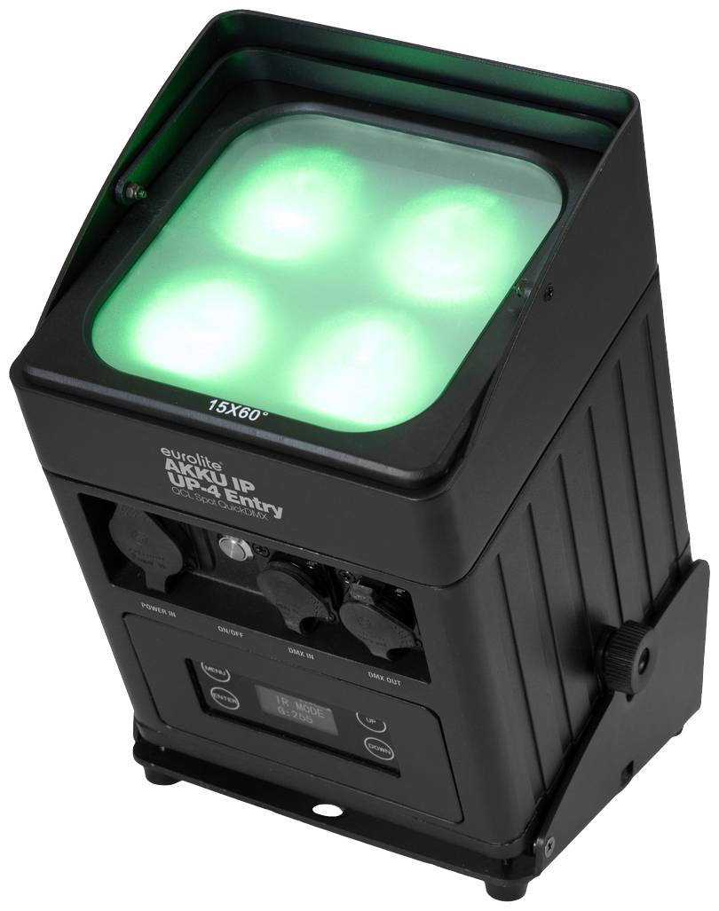 Schwarzes Beleuchtungsgerät mit vier leuchtenden, grünen LEDs. Es hat Drehknöpfe zur Steuerung und Beschriftung 'Aukku IP UP-4 Entry'.
