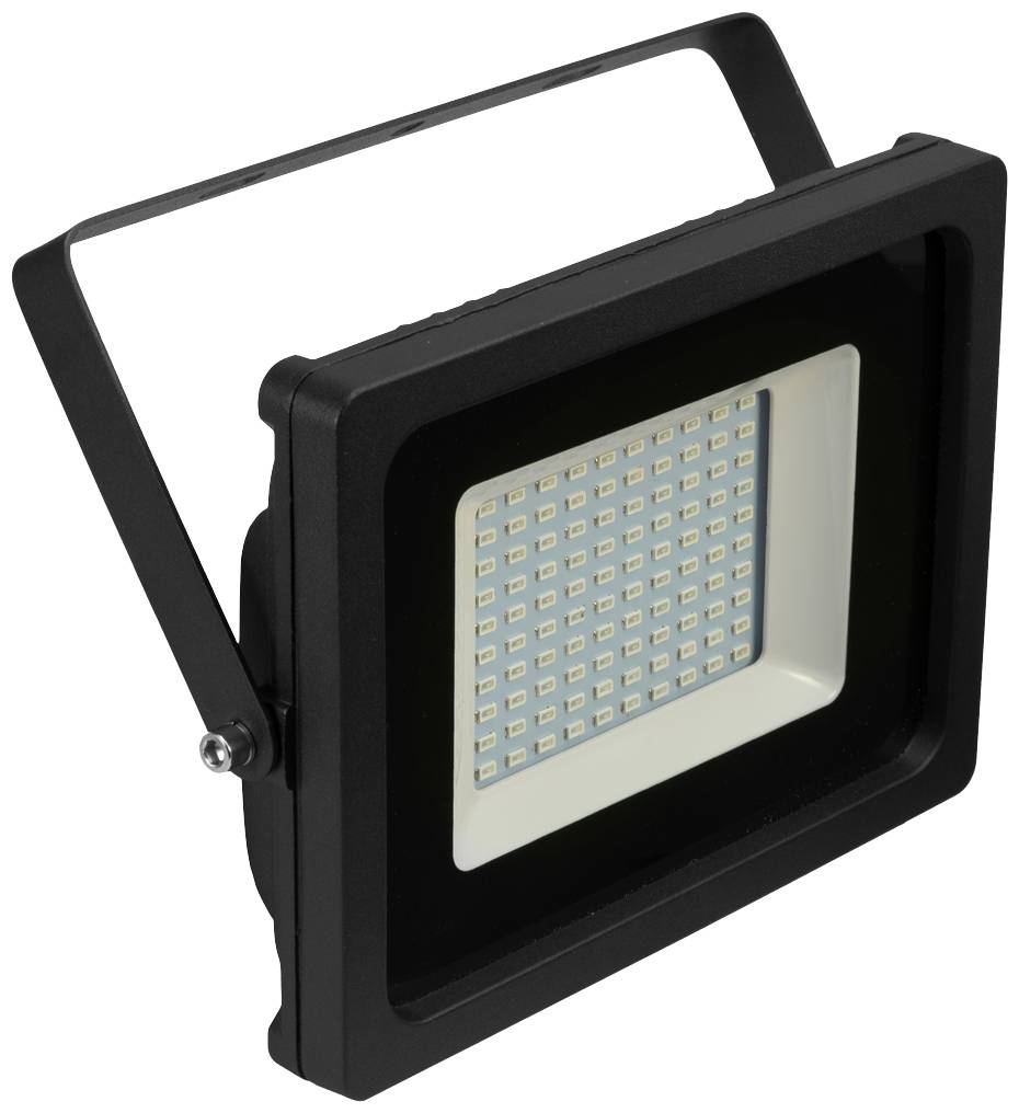 Schwarzer LED-Fluter mit vielen kleinen Leuchtchips, geeignet zur Ausleuchtung von großen Flächen. Montierbar durch verstellbaren Bügel.