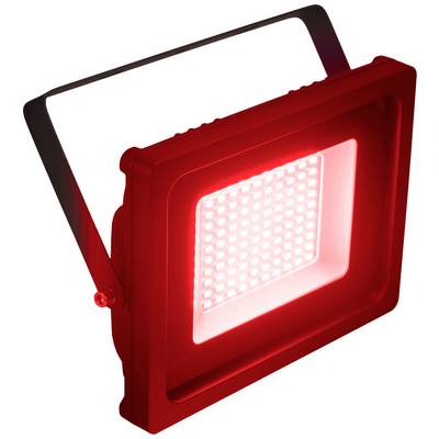 Rote LED-Flutlichtleuchte mit quadratischem Gehäuse und Halterung, leuchtet hell.