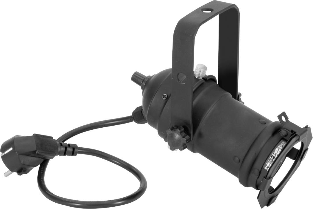 Ein schwarzer, zylindrischer Scheinwerfer mit Netzkabel und Halterung, häufig in Bühnen- oder Veranstaltungsbeleuchtung verwendet.