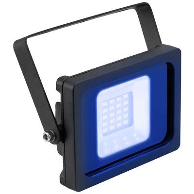 Ein quadratischer LED-Strahler mit blauem Licht. Schwarzer Rahmen, fokussiertes Lichtzentrum. Geeignet für Bühnen- oder Eventbeleuchtung.