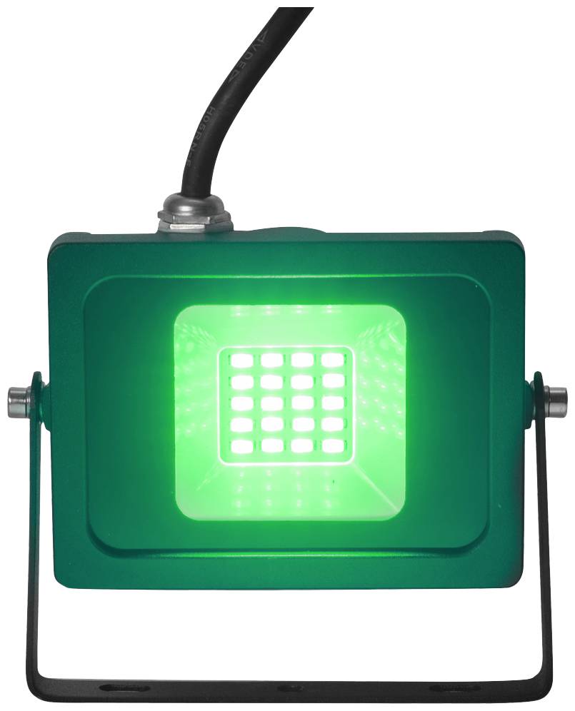 Ein grüner LED-Strahler leuchtet hell. Er ist an einem schwarzen Kabel verbunden und hat einen verstellbaren Montagebügel.