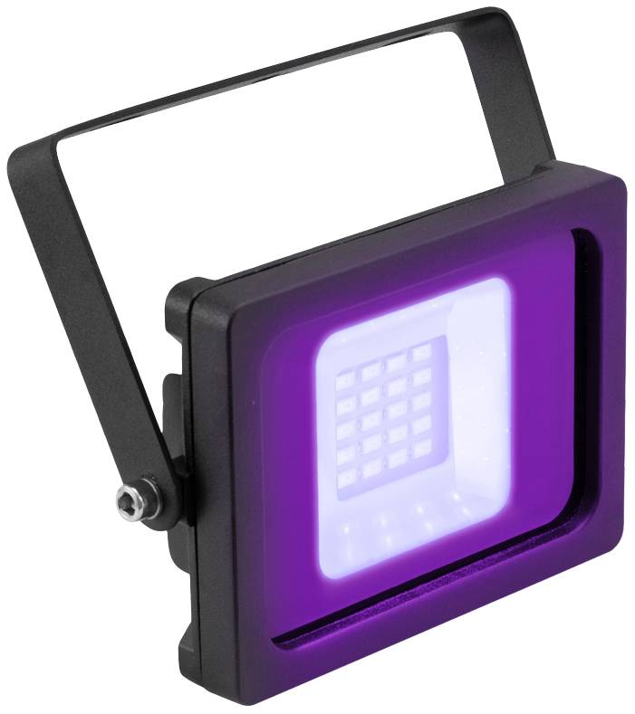 Schwarzer LED-Fluter mit violettem und weißem Licht, geeignet für Beleuchtung von Bühnen oder Partys.