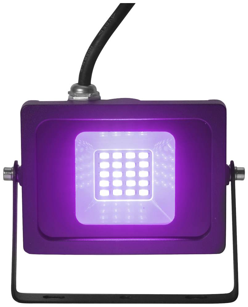 Lila LED-Flutlicht auf schwarzem Ständer, leuchtet hell mit quadratischem Raster-Muster in der Mitte, geeignet für Bühnenbeleuchtung.