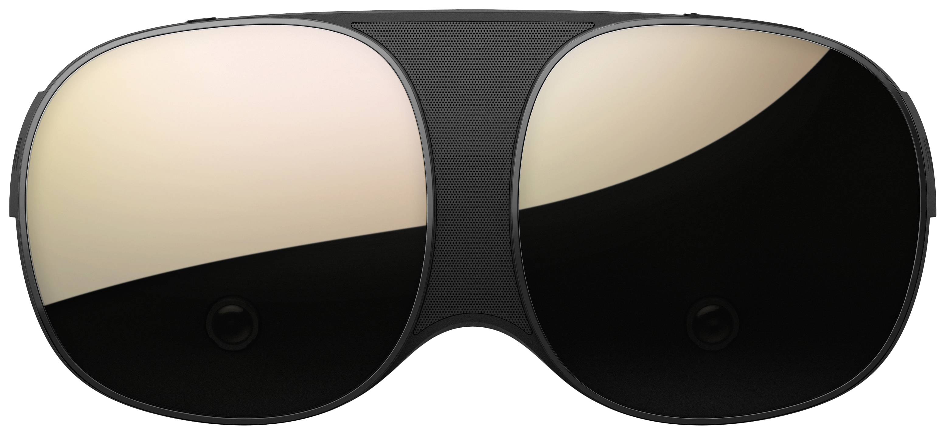 Eine schwarze VR-Brille mit großen, glänzenden Linsen. Sie ist für virtuelle Realität und immersive Erlebnisse konzipiert.