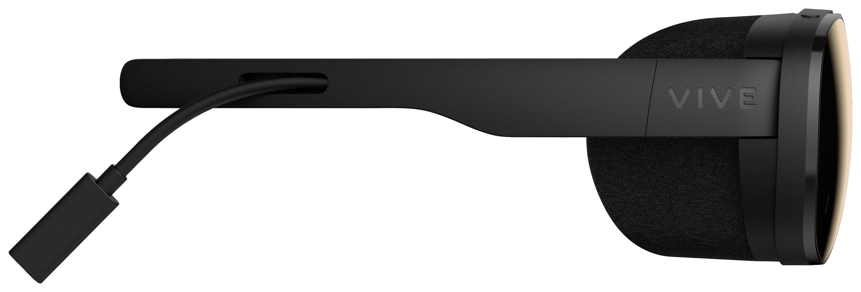 Schwarzes Virtual-Reality-Headset von der Seite mit langem Bügel und Kabel.