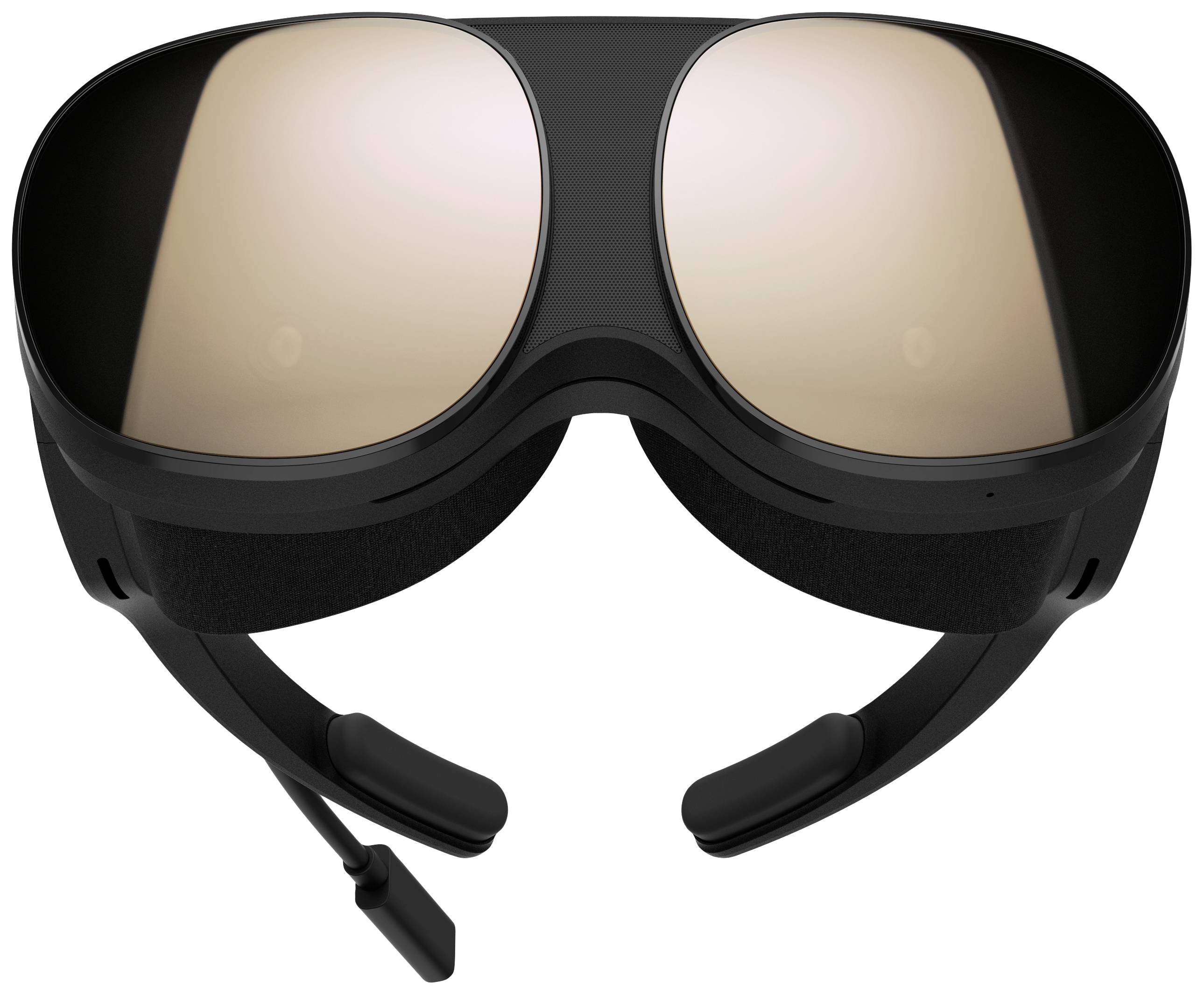 Schwarze Virtual Reality Brille mit großen, leicht verspiegelten Linsen und verstellbarem Kopfband, draufsicht.