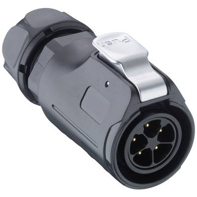 Schwarzer elektrischer Stecker mit fünf Pins und silbernem Hebel oben, mit Aufschrift 'PUSH', für Verbindungen in elektrischen Anwendungen.