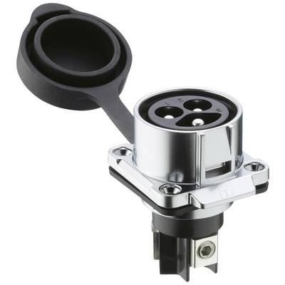 Ein silberner, runder Stecker mit drei Kontaktbuchsen und einem schwarzen, abklappbaren Schutzdeckel.
