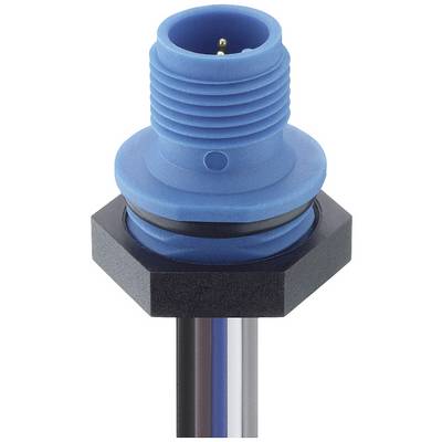 Blauer, zylindrischer Stecker mit herausragenden Pins, befestigt auf schwarzer Hexagonzelle mit schwarz-weiß-braunen Kabeln.