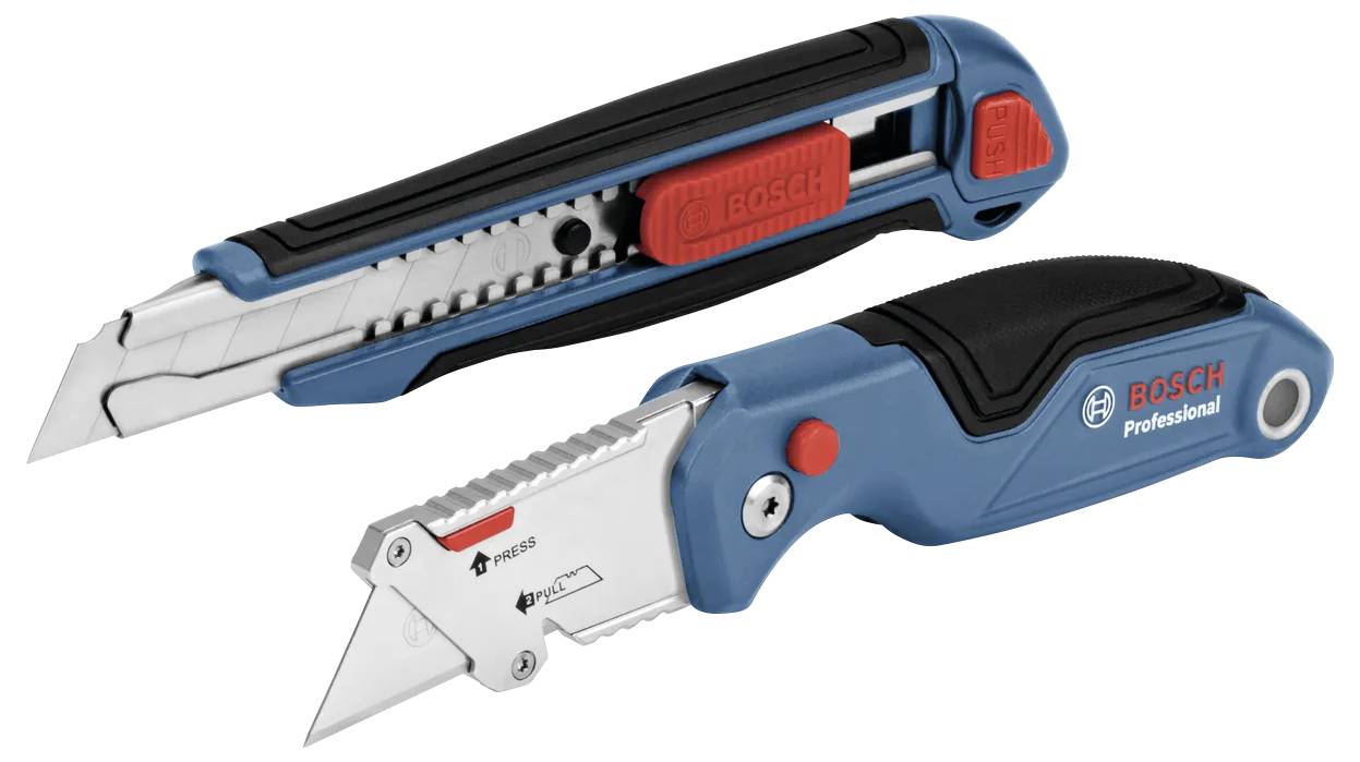 Zwei Bosch-Universalmesser mit ausziehbaren Klingen auf weißem Hintergrund, oben ein schlankes schwarz-blaues Messer und unten ein größeres blaues Profi-Messer.