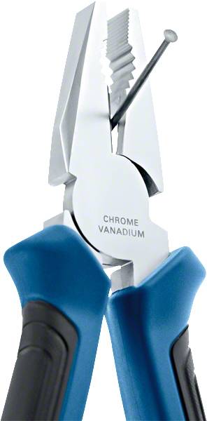 Eine Zange aus verchromtem Vanadium mit blauem Griff hält einen Nagel fest in den Backen.