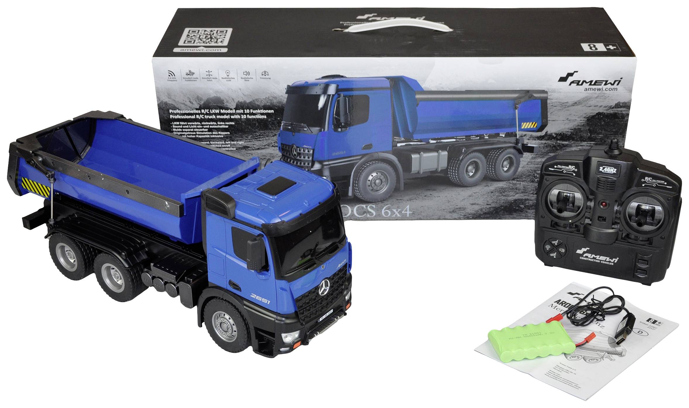 Ferngesteuerter blauer Lastwagen mit Fernbedienung und Verpackung. Zubehör wie Batterien und Anleitung sind ebenfalls abgebildet.