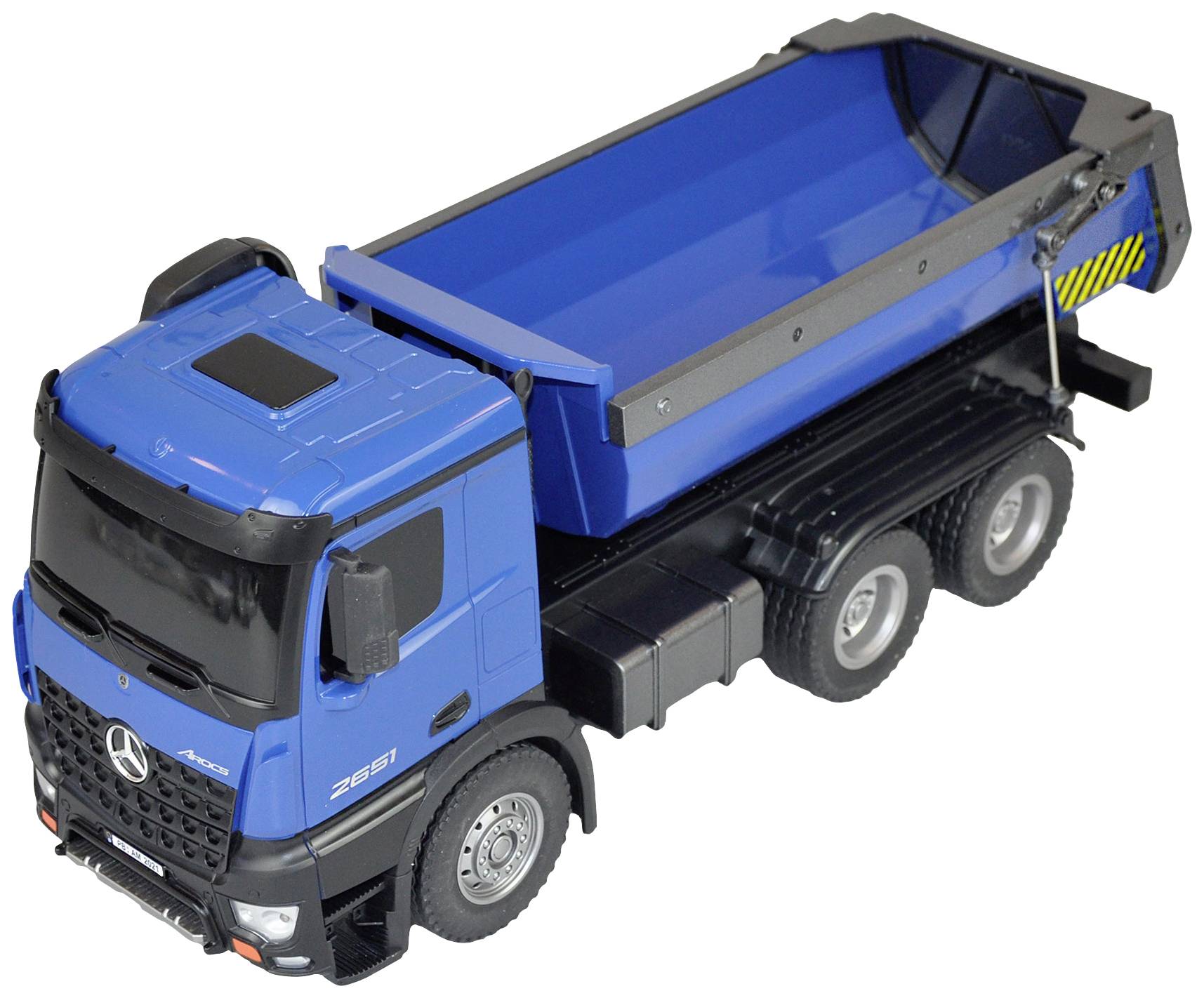 Blauer Spielzeug-Kipplaster aus Plastik mit sechs Rädern, offenem Laderaum und Details, die einen echten LKW nachahmen.