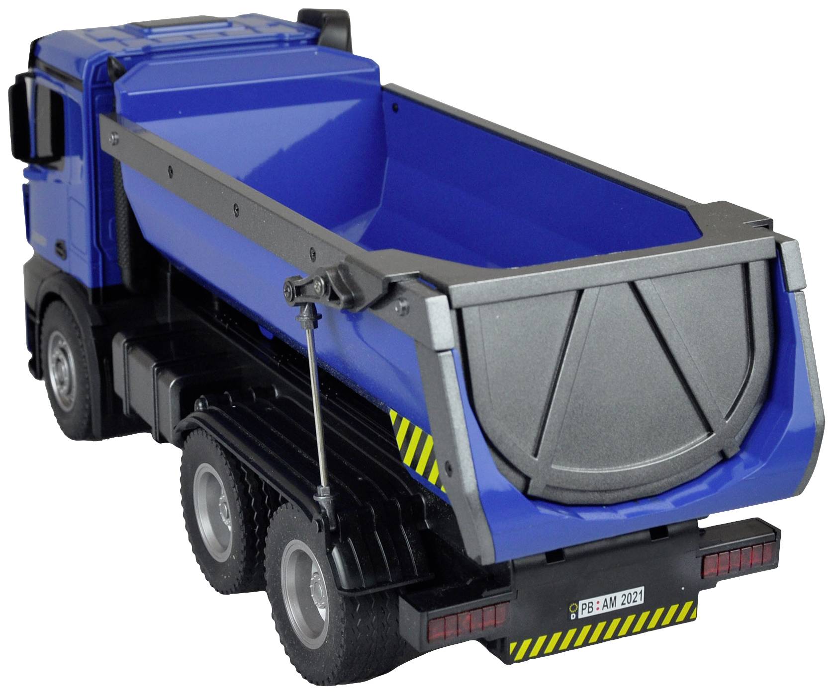 Blauer Spielzeug-Müllwagen, wirkt realistisch durch seine Details und Beweglichkeit.