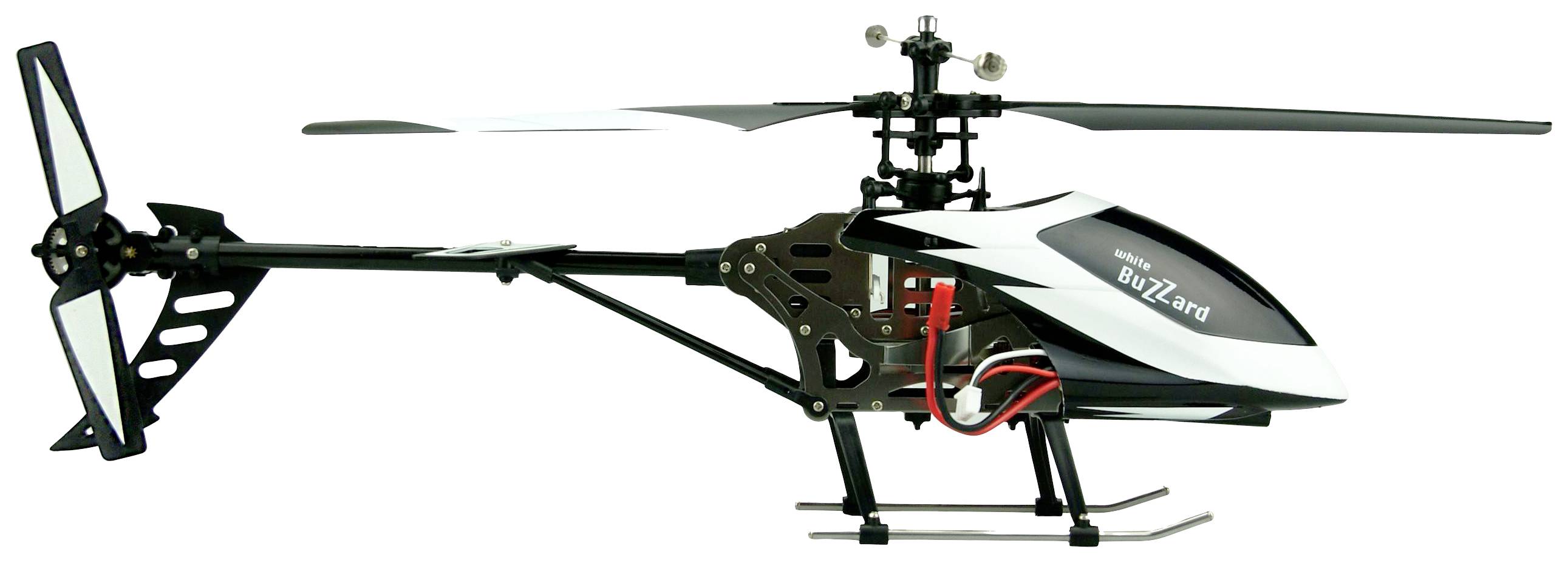 Ein schwarz-weißes Modellhubschrauber mit Rotorblättern und kabelgebundener Elektronik ist seitlich abgebildet.