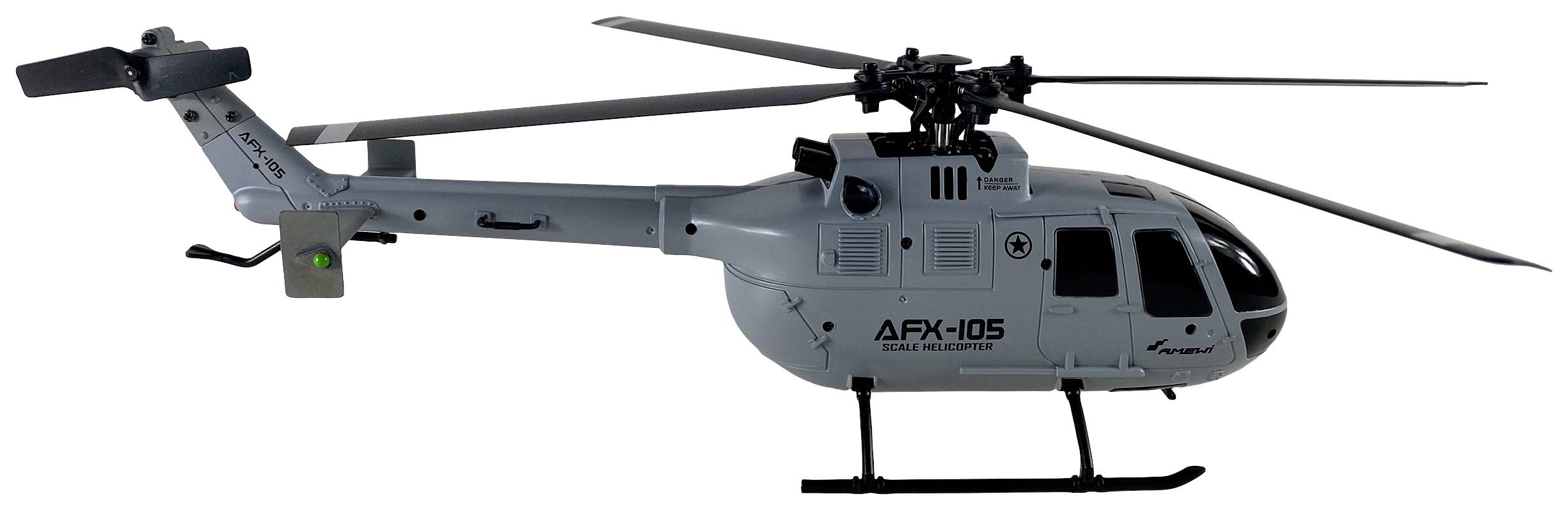 Ein grauer Modellhubschrauber von der Seite, gekennzeichnet mit 'AFX-105' auf dem Rumpf.
