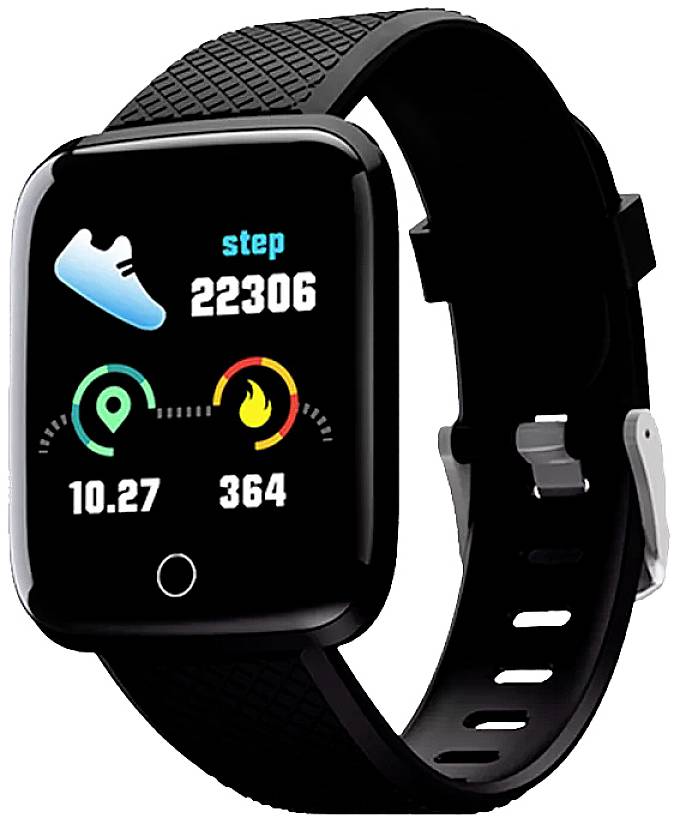 Digitale Armbanduhr mit Anzeige: 22.306 Schritte, 10,27 km, 364 Kalorien verbrannt. Grafik mit Schuh- und Flammensymbol.