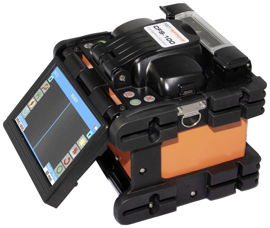 Ein orangefarbenes Fusion Spleißgerät mit einem aufklappbaren Bildschirm, das für die Verbindung von Glasfaserkabeln verwendet wird.