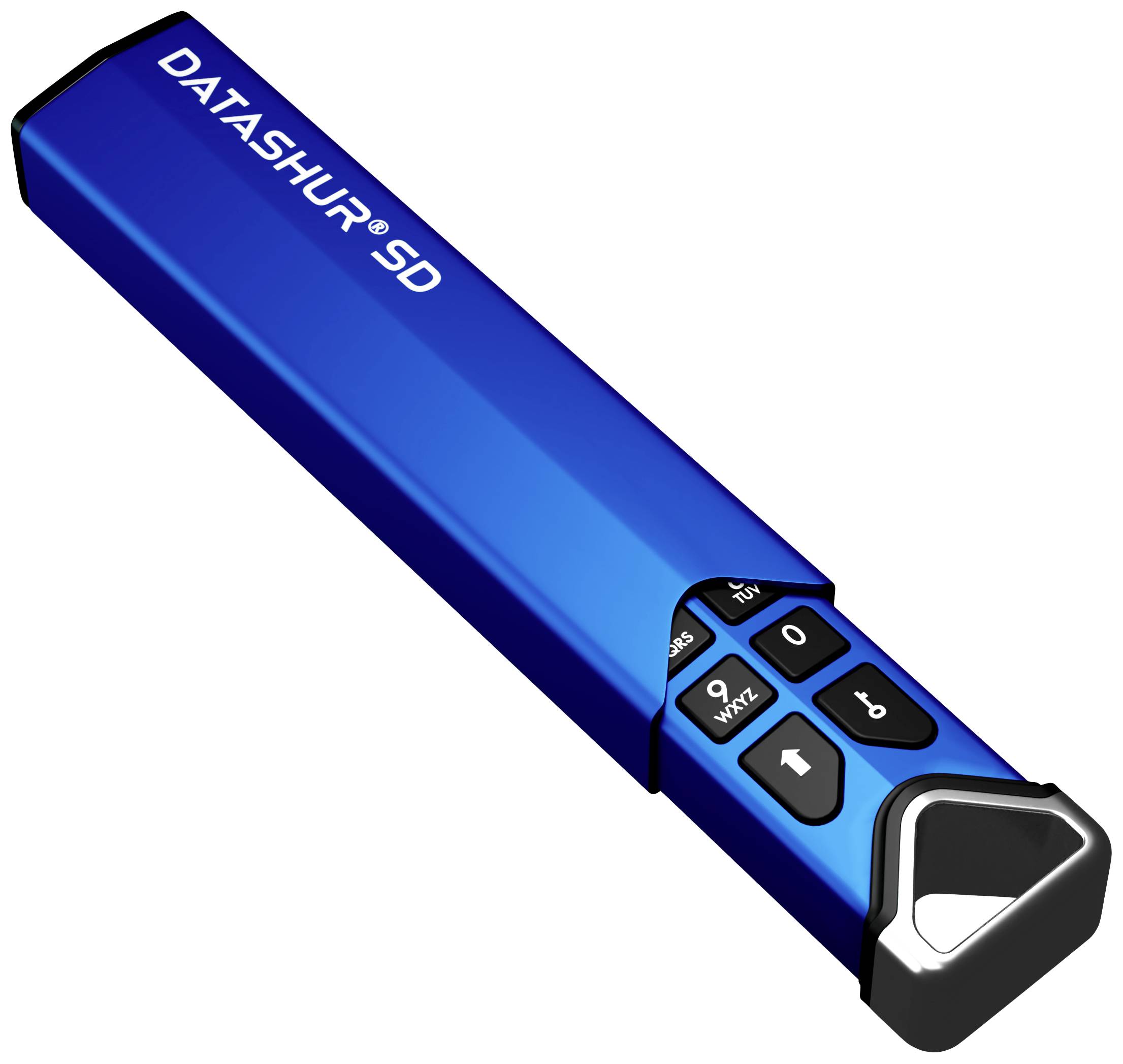 Ein blauer USB-Stick mit Tasten zur Eingabe eines PIN-Codes für Datensicherheit, Produktname 'Datashur SD' aufgedruckt.