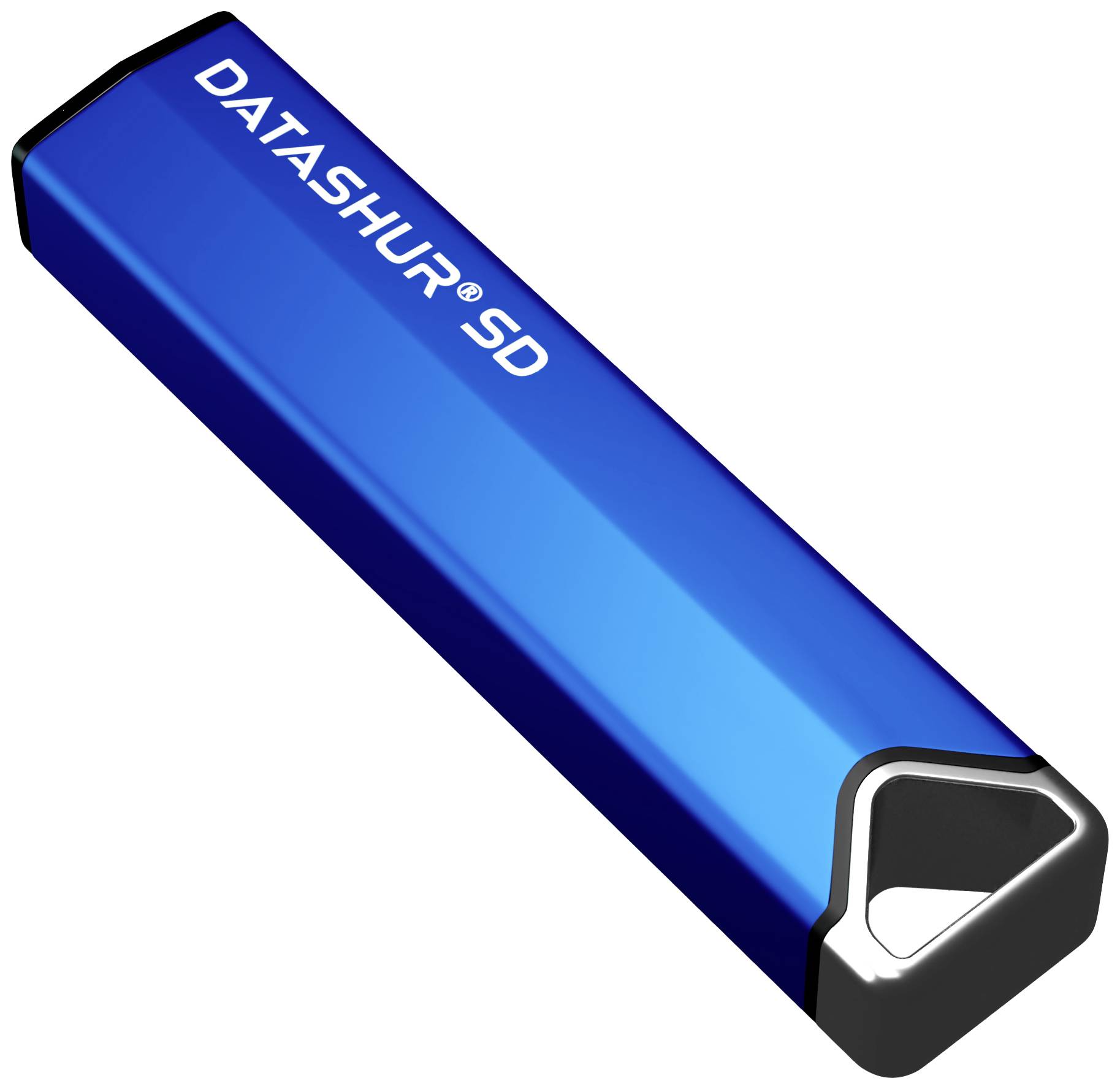 Ein blauer USB-Stick mit der Aufschrift 'Datashur SD' auf der Oberseite.