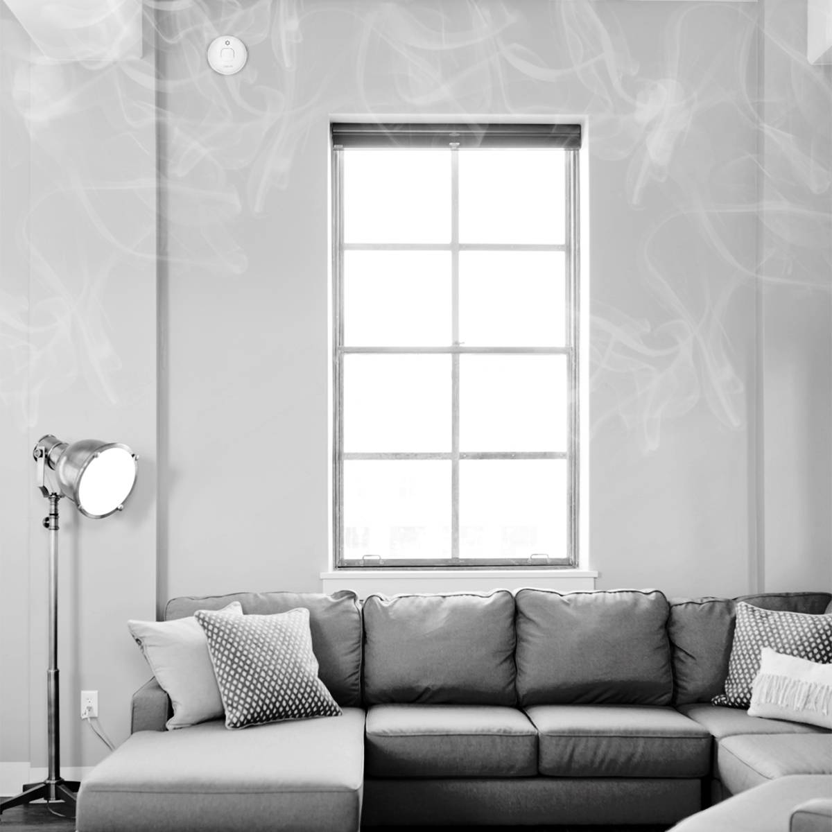 Schwarz-weiß Foto eines modernen Wohnzimmers mit großem Sofa, zwei gemusterten Kissen, einer Stehleuchte und einem Fenster im Hintergrund.