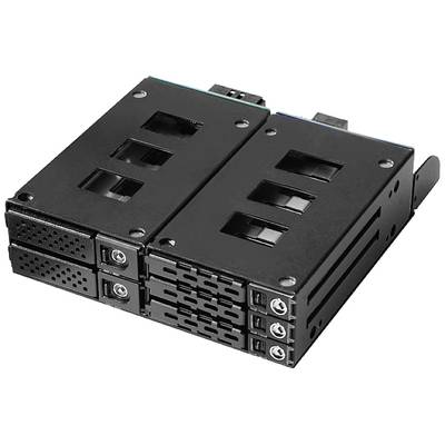 Ein schwarzer Festplattenkäfig mit mehreren Einschüben, geeignet zur Aufnahme von Festplatten in einem Computergehäuse.