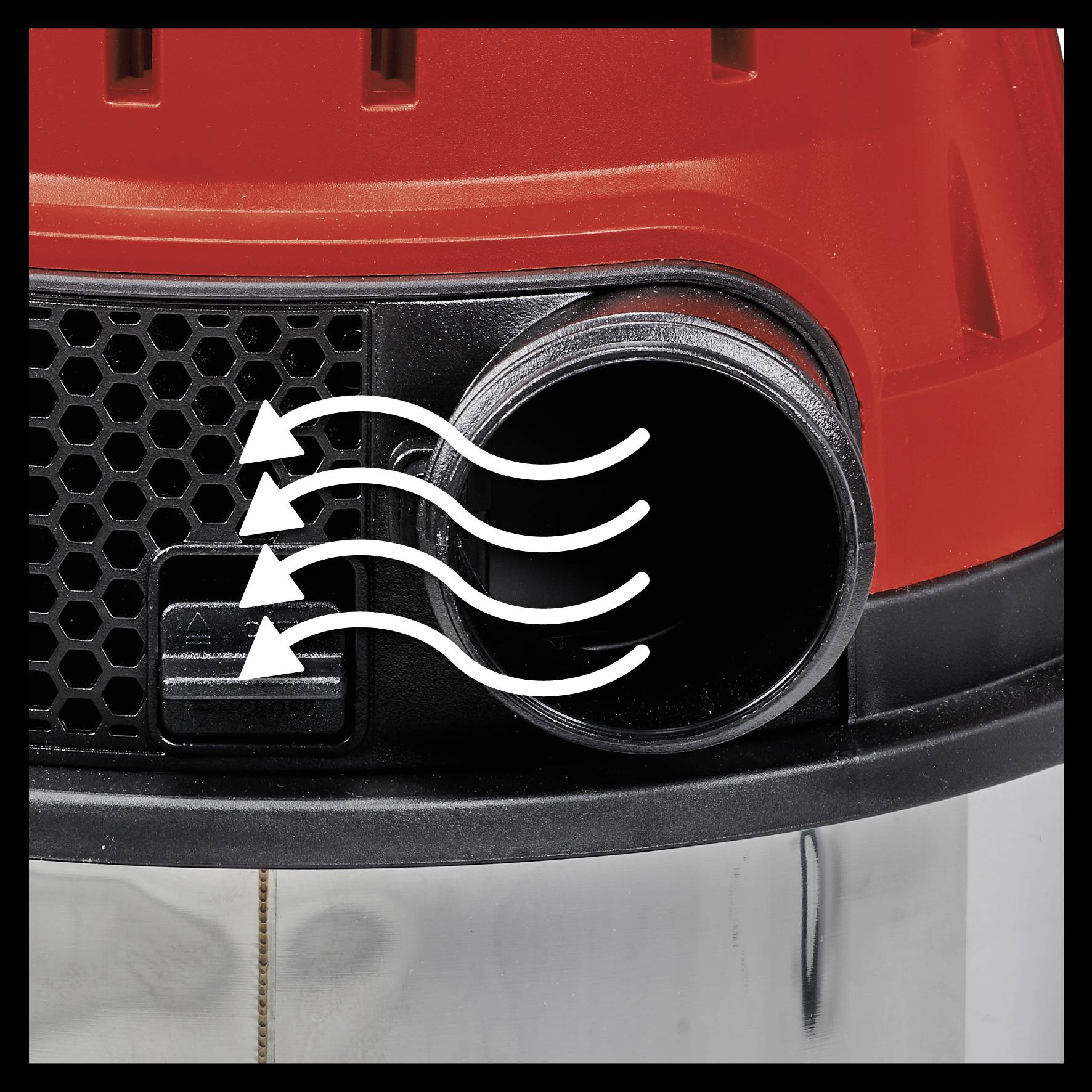 Abbildung eines Staubsaugerverschlusses mit Pfeilen, die die Luftstromrichtung anzeigen. Der Verschluss ist teilweise geöffnet.