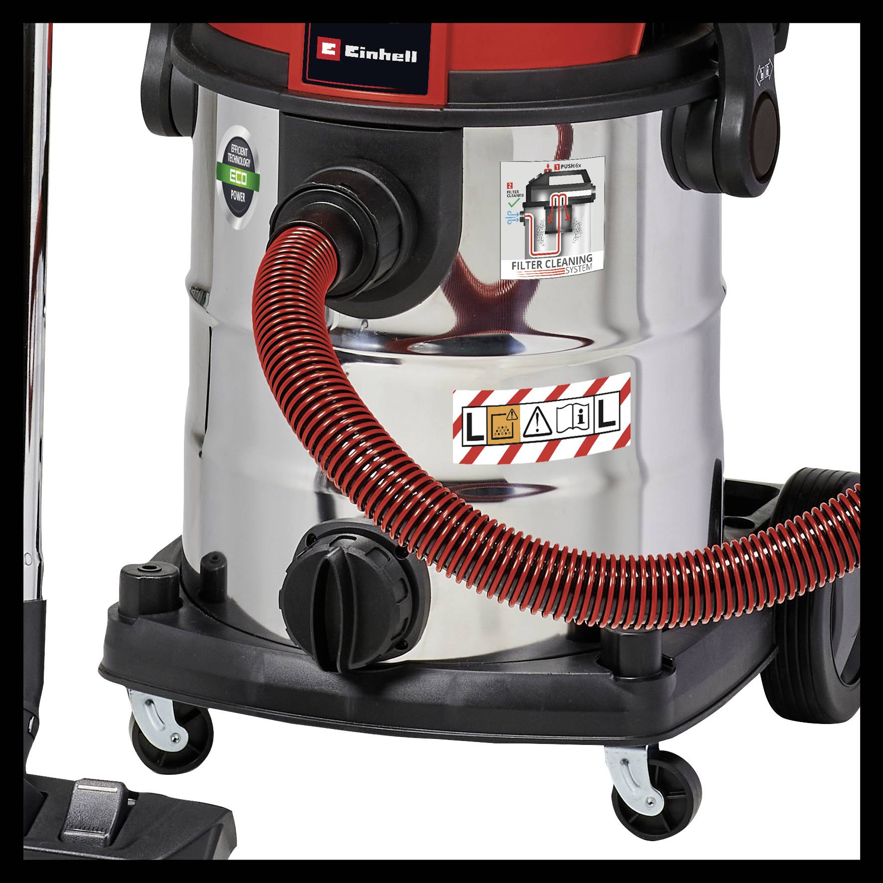 'Industriesauger mit rotem Schlauch und Warnaufklebern auf Metallkorpus. Ausstattung: Rollen für Mobilität, Saugkraftregler.'